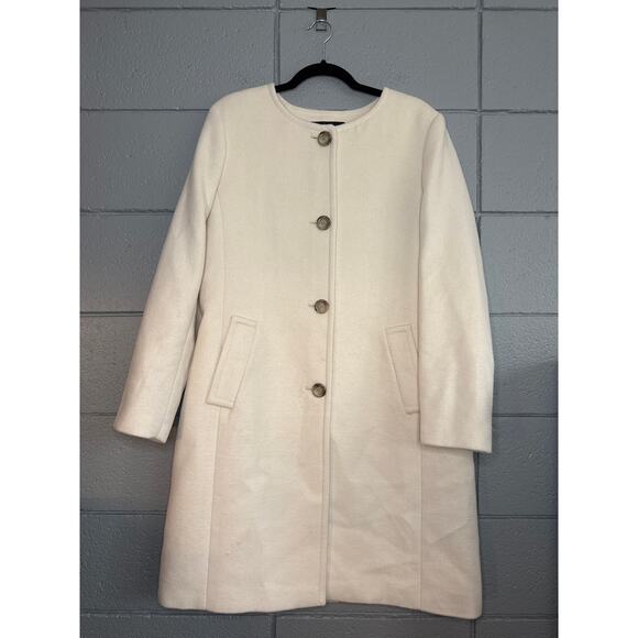 Women's Ann Taylor Wool Blend Jewel Neck Ivory Coat Knee Length sz L Minimalist - Picture 3 of 7